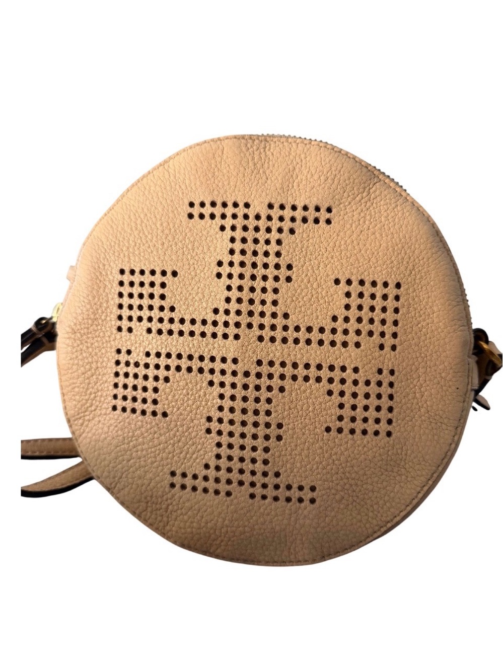 Tory Burch Perforated Logo Round Crossbody Bag Beige